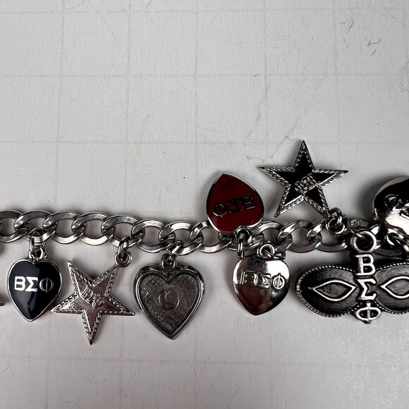 Vtg 1950s Beta Sigma Phi 7" Charm Bracelet Automade Sterling Silver 19 Charms - Picture 3 of 12